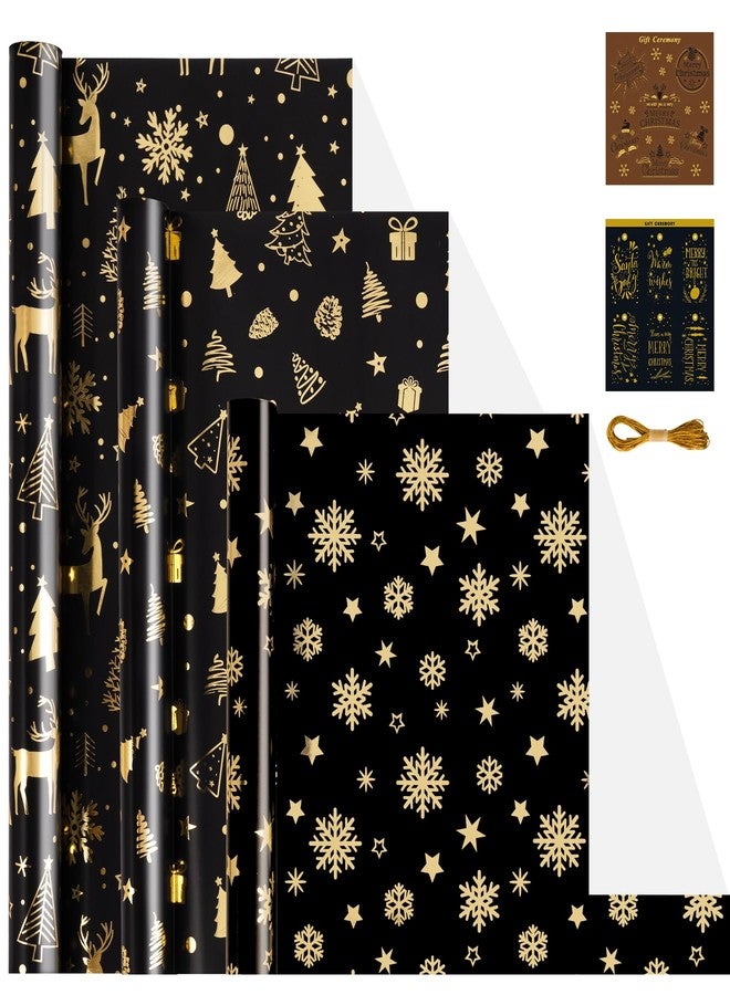 Rancco Christmas Wrapping Paper Rolls-3 Rolls Black and Gold Wrapping Paper, Christmas Tree Snowflake Reindeer Glitter Foil Xmas Wrap Paper for New Year, Party, Birthday, Wedding, Holiday, 17 x 118'' - Image 1